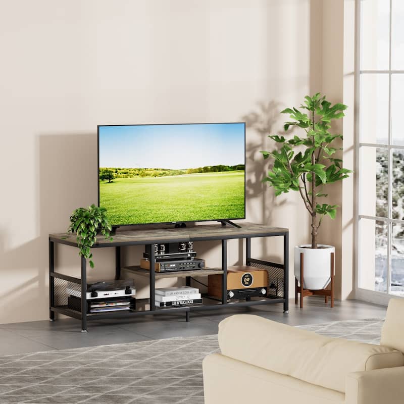 VECELO 55 Inch Grey TV Stand TV Media Console Table Entertainment Center with Power Outlets and Open Storage Shelves
