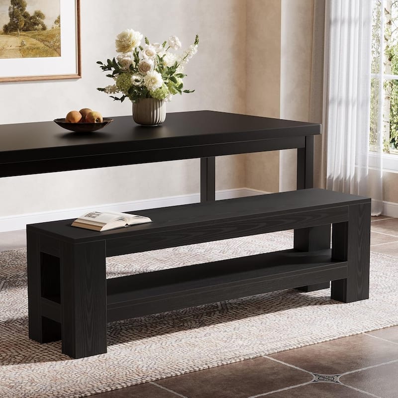 59" Dining Bench with Storage Shelf, Entryway Bench for Dining Room, Bedroom, Kitchen, End of Bed - Black