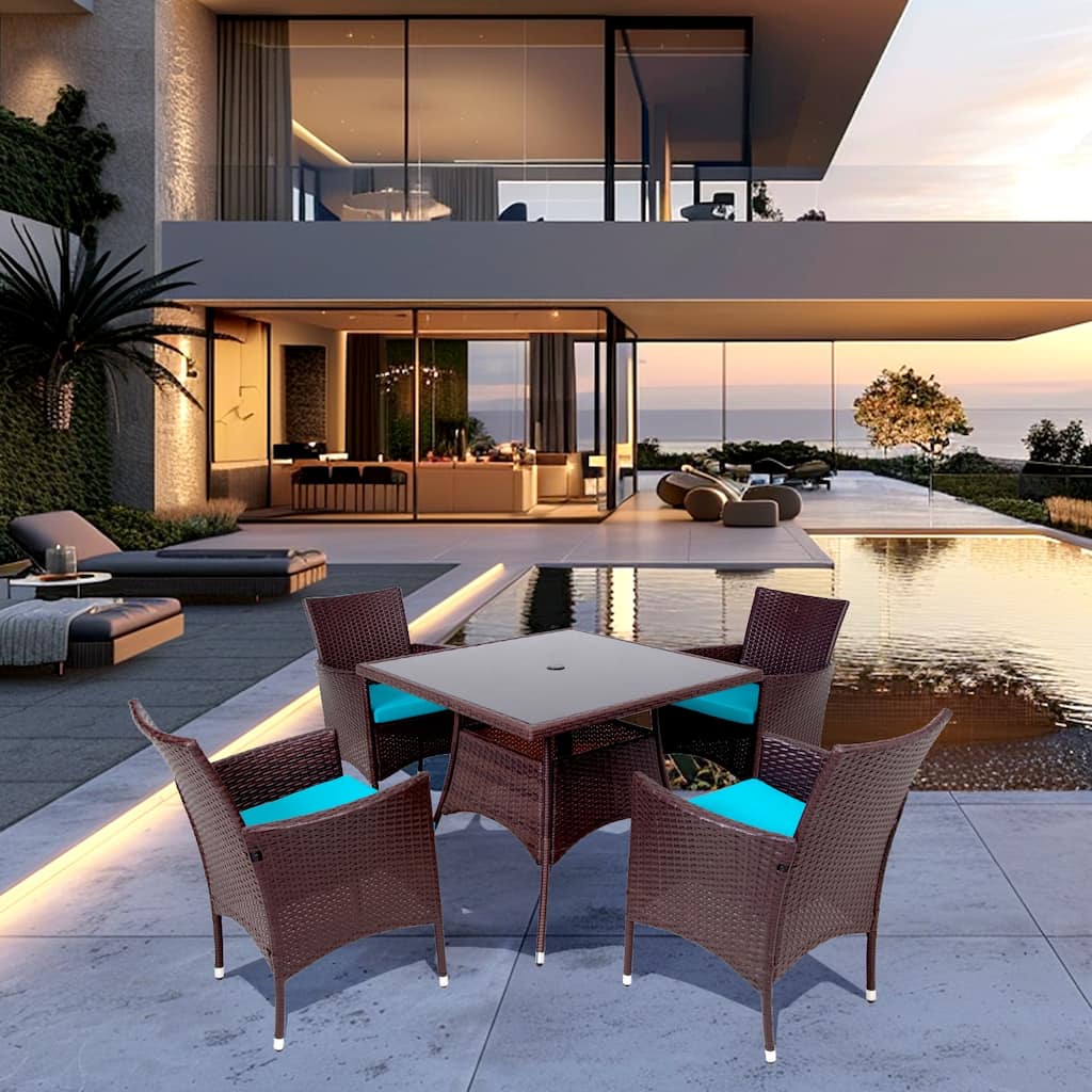 5-Pieces Brown Wicker Outdoor Dining Set with Cushions and Table