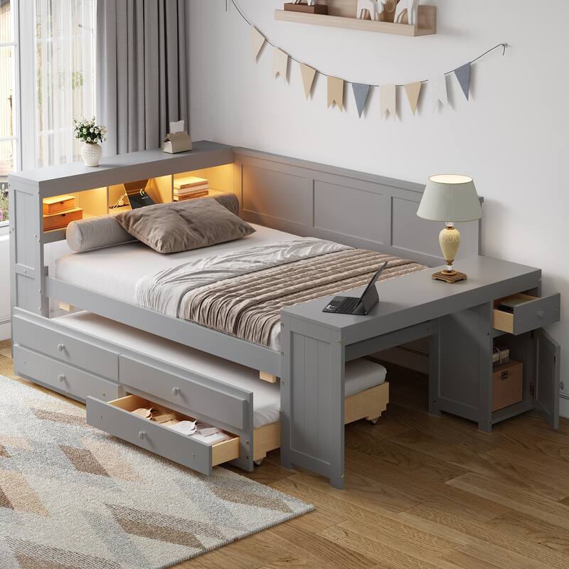 Bookcase Storage Bed, Full Size Daybed with Storage Shelves, Drawers, Trundle, Charging Station, Light, Desk and Cabinet - Grey - Full