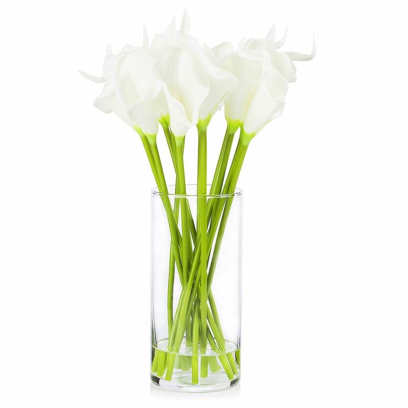 Enova Home Artificial Real Touch Calla Lily Fake Silk Flowers Arrangement in Clear Glass Vase with Faux Water for Decoration - White