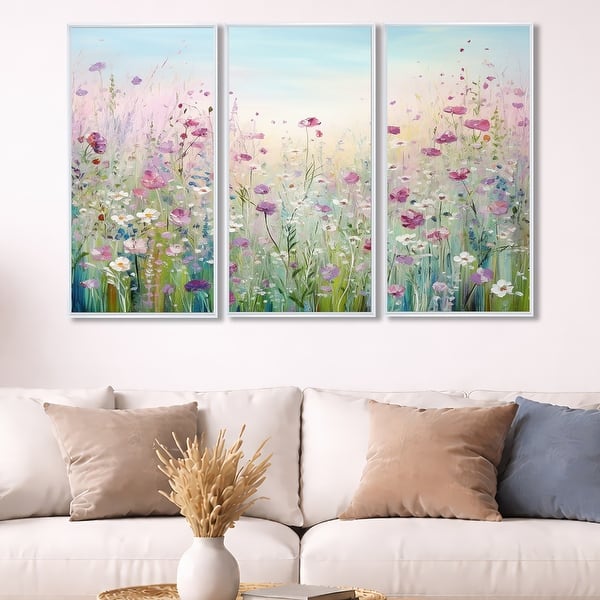 slide 2 of 20, Designart "Wild Flowers Meadows" Flower Field Framed Art Set of 3 - Traditional Wall Art Set Purple Wall Decor 3 Pieces 36 in. W x 28 in. H - 3 Panels - White