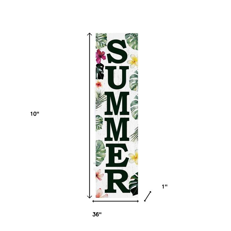 HomeRoots 36" Green Pink And White Solid Wood Tropical Floral Summer Porch Sign