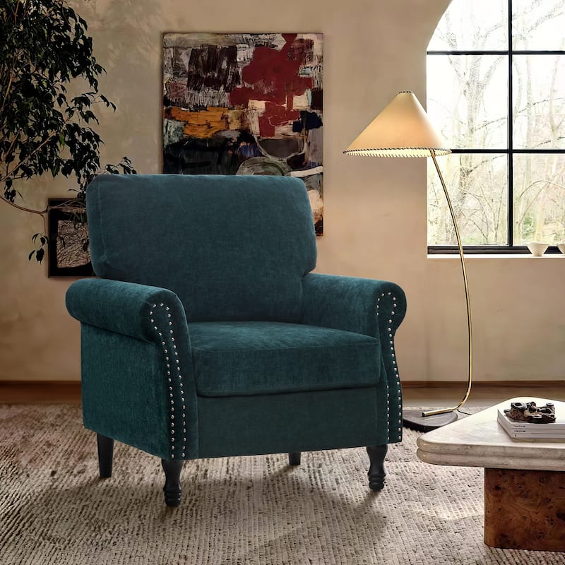 Modern Upholstered Armchair Nailhead Trim Accent Chair with Wood Legs - Dark Teal