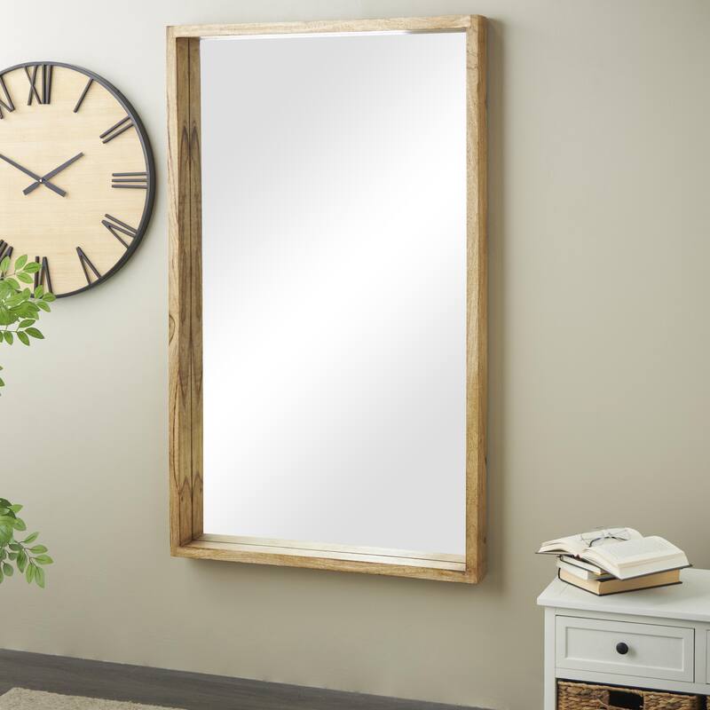 Mango Wood Wall Mirror with Natural Wood Grain and Deep Set Frame - Brown - Roche River Decor