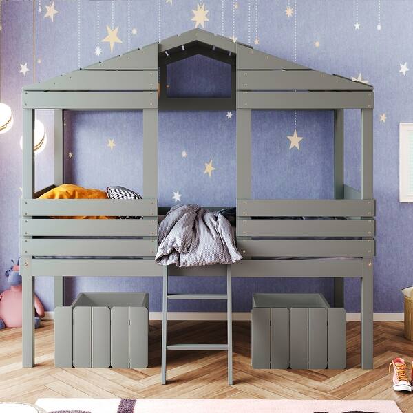 slide 2 of 10, Playhouse Inspired Twin Size Low Loft Wood House Bed with Two Drawers Light Gray