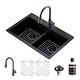 preview thumbnail 1 of 9, Karran 33" Top Mount Double Bowl 50/50 Quartz Kitchen Sink in Black with Faucet in Gunmetal Grey