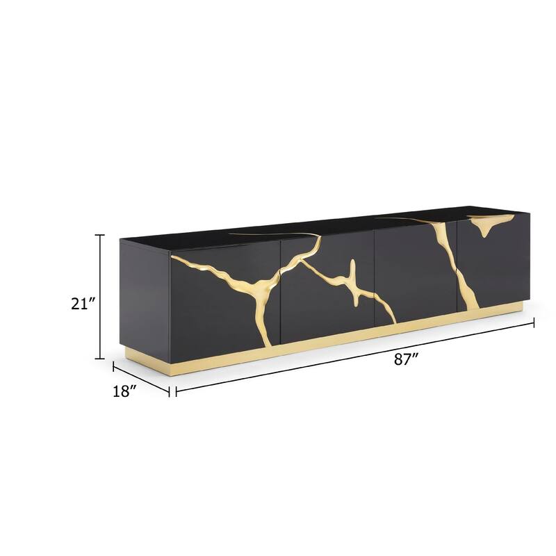 Cid Exie TV Stand Console, Modern Black with Gold Vein Design, 87 Inch