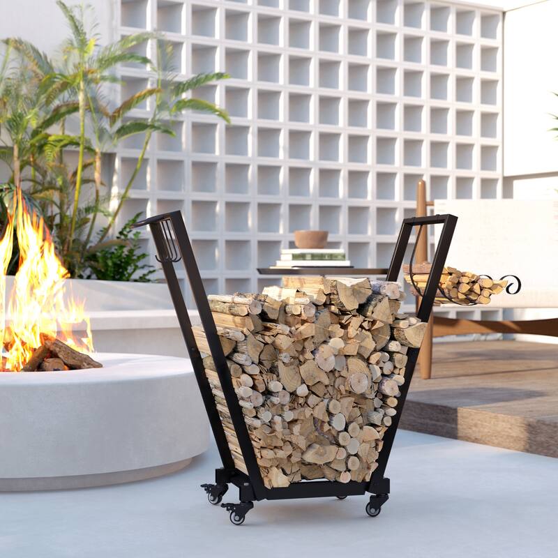 Metal Log Rack with Swivel Casters and Hooks Black Indoor and Outdoor Firewood Storage - 31.1" x 11.8" x 31.9"
