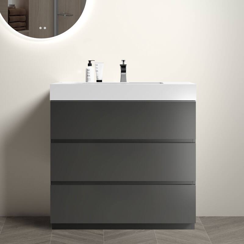 36" Bathroom Vanity with Sink, Large Storage Freestanding Bathroom Vanity, One-Piece White Sink Basin without Drain and Faucet - Gray
