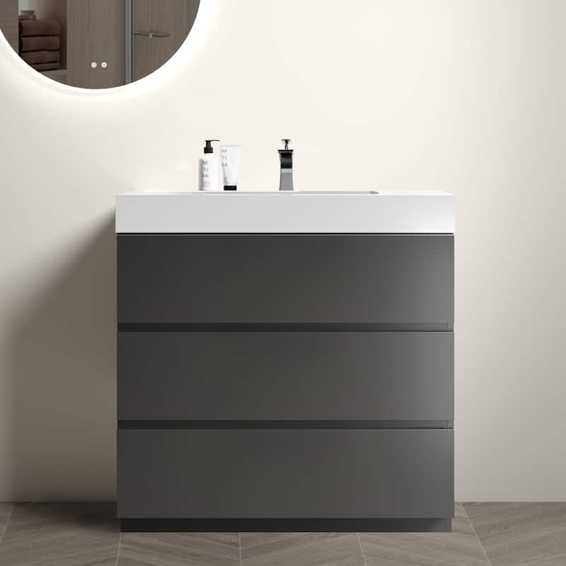 Modern Freestanding Bathroom Vanity with Sink Basin without Drain and Faucet - Grey+White - 36" W