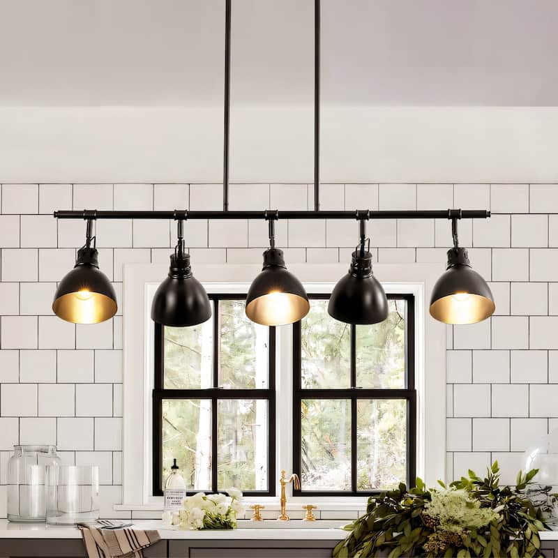 5-Light Industrial Modern Black Linear Pot Lid Pendant Kitchen Island Lighting/ Adjustable Tracking Light - 46.2 in. W x 12.4 in. H x 6.4 in. D - Black
