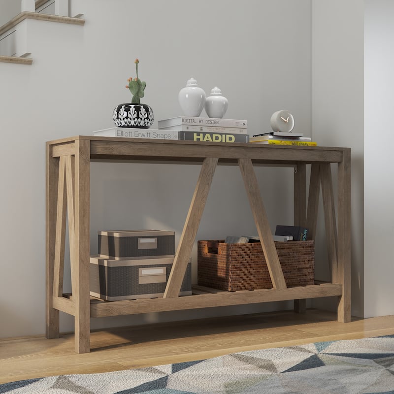 Console Table, Farmhouse Entryway Table with Storage Slatted Shelf, Rustic Sofa Table with Anti-Tipper for Living Room