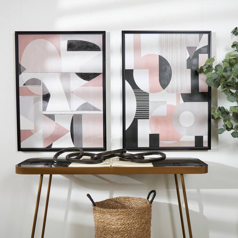 White Canvas Mid Century Modern Geometric Abstract Framed Wall Art with Gold Foil Accents (Set of 2)