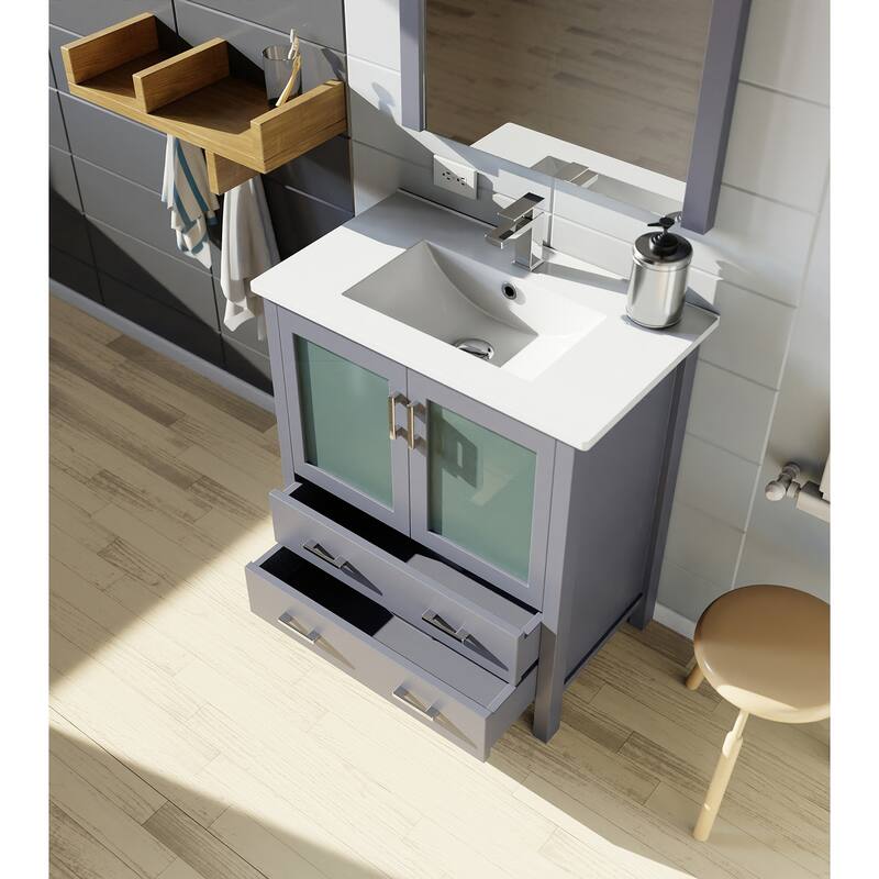 Bathroom Vanity with Ceramic Top, 28" x 32" Mirror, Soft Close Cabinet & Drawers, Scratch & Stain Resistant
