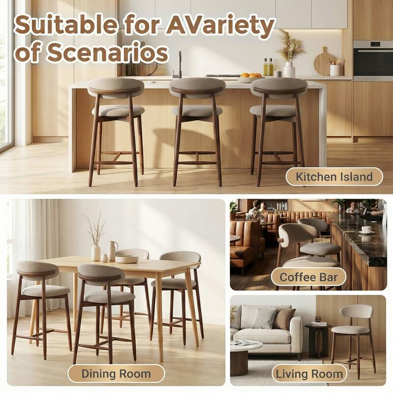 Mid-Century Modern Upholstered Bar Stools Counter Height Wooden Bar Chairs with Backrest Footrest