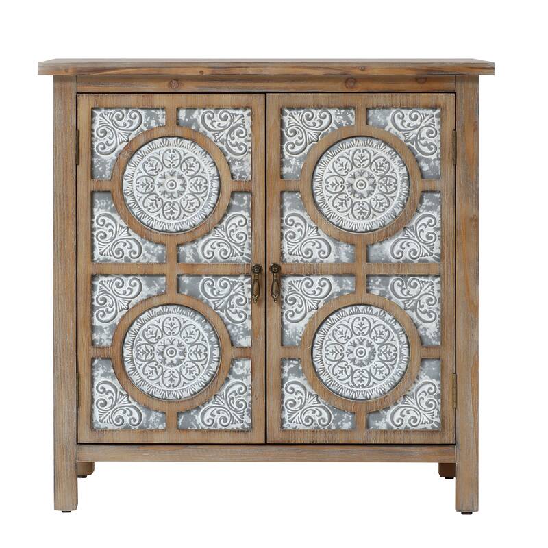 Floral Lattice Metal 2-Door Farmhouse Pine Wood Storage Cabinet - 31.9" H x 31.5" W x 15.7" D