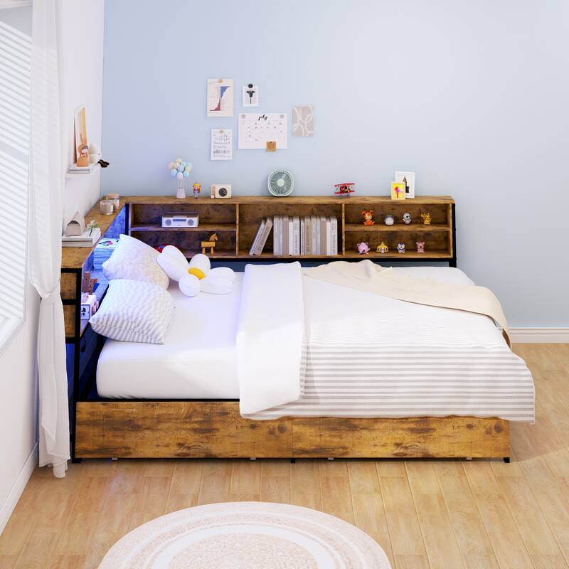 Kids Corner Bed with Storage, Twin/Full Daybed with Drawers, Bookcase Headboard with Charging Station & LED Lights - Brown - Full