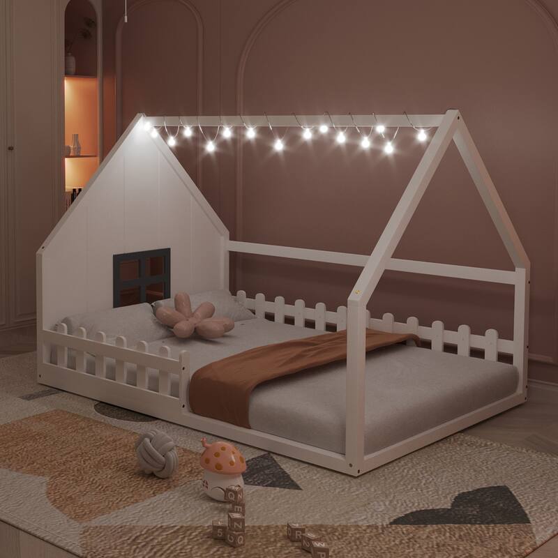 Solid Pinewood Full Size Floor House Bed Frame with Window and Fence