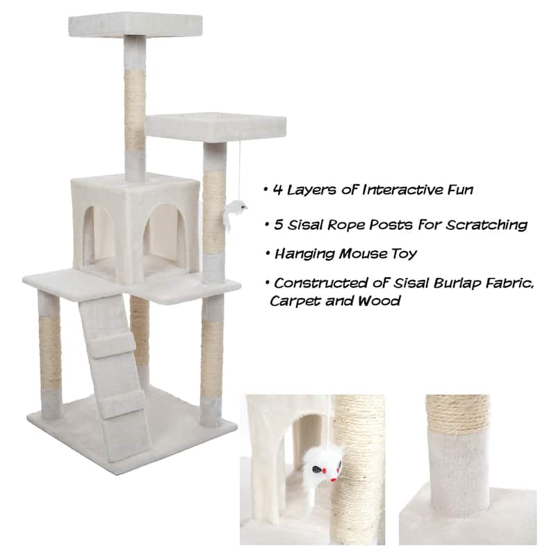 Petmaker White 4-Tier Cat Tower Tree with Cat Condo, Scratching Posts, and Hanging Toy