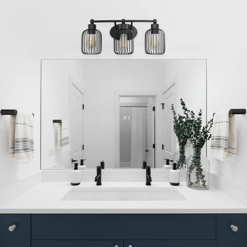 Open Cage Industrial 3-Light Uplight Downlight Vanity Wall Sconce - 22" - Black