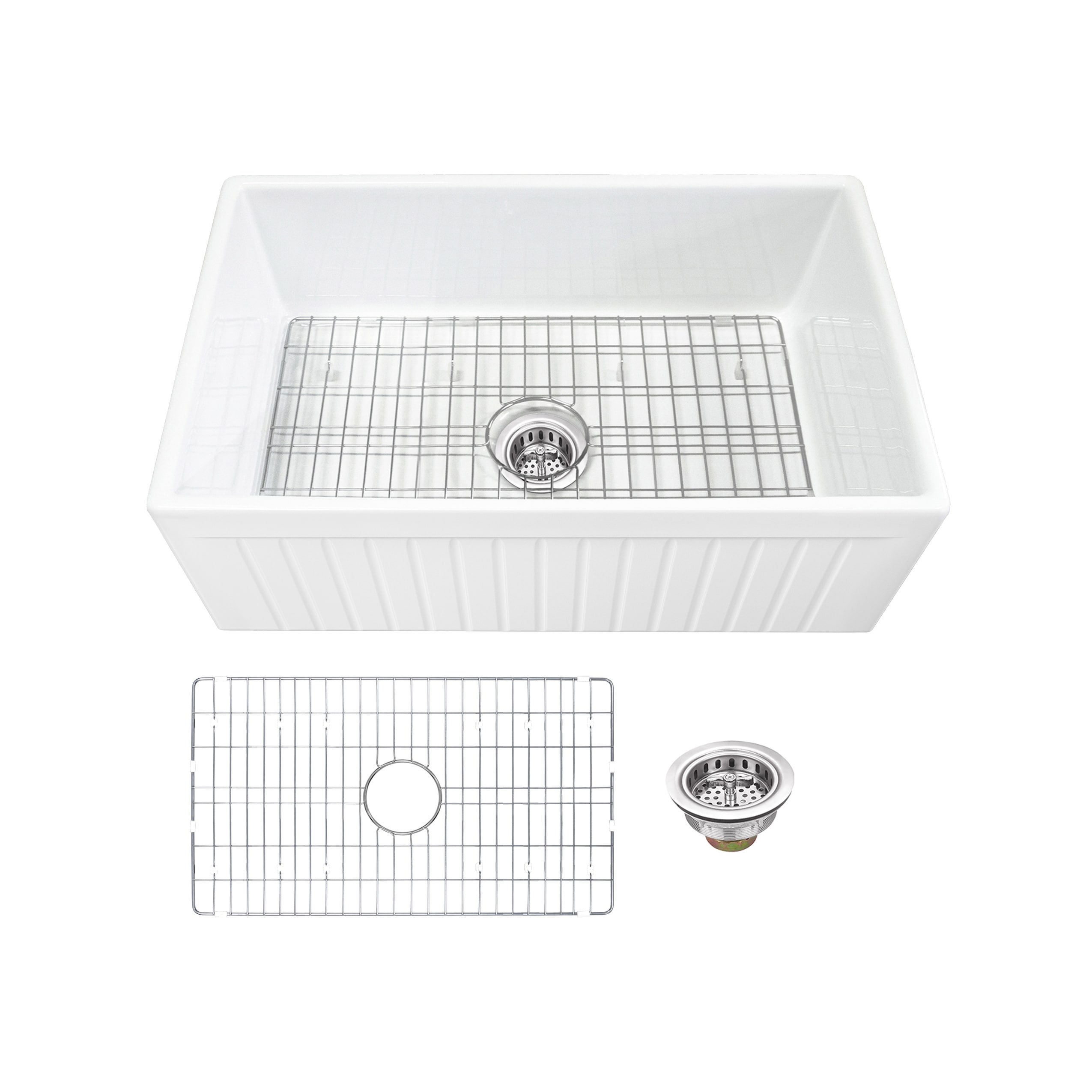 Soleil White Fluted Fireclay Single Bowl Apron Front Farmhouse Kitchen Sink  with Basin Rack and Drain Assembly