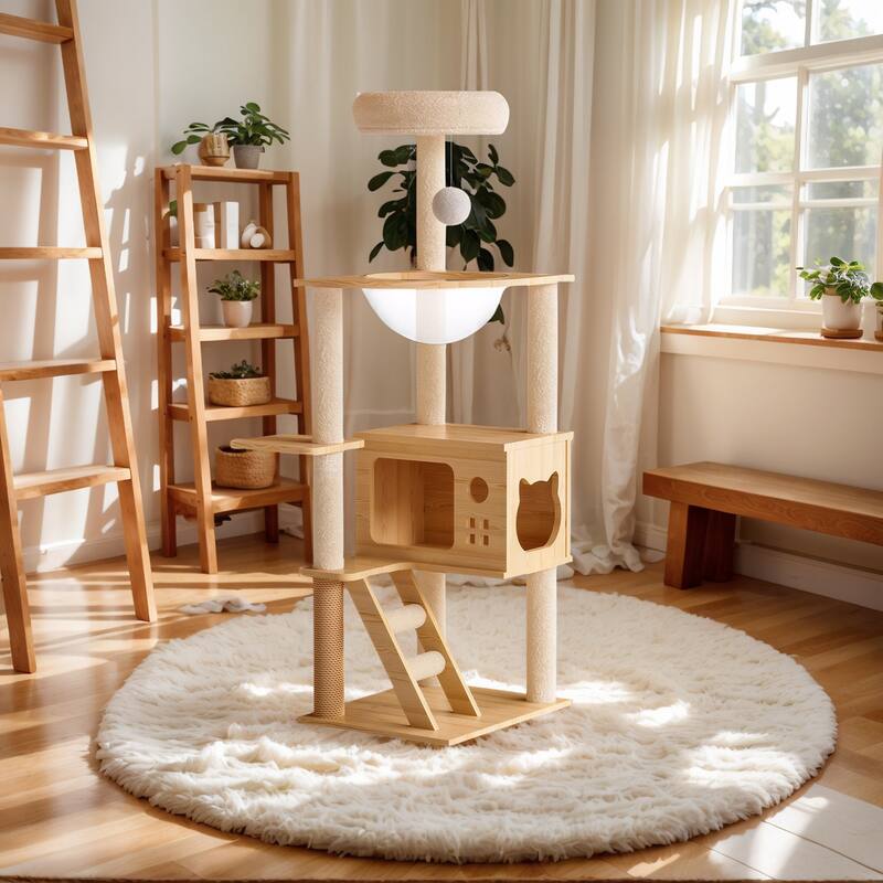48.8" Modern Cat Tower, Wood Cat Tree Tower for Indoor Cats, Cat Treewith Sisal-Covered Scratching Posts and Top Perch - Natural+White