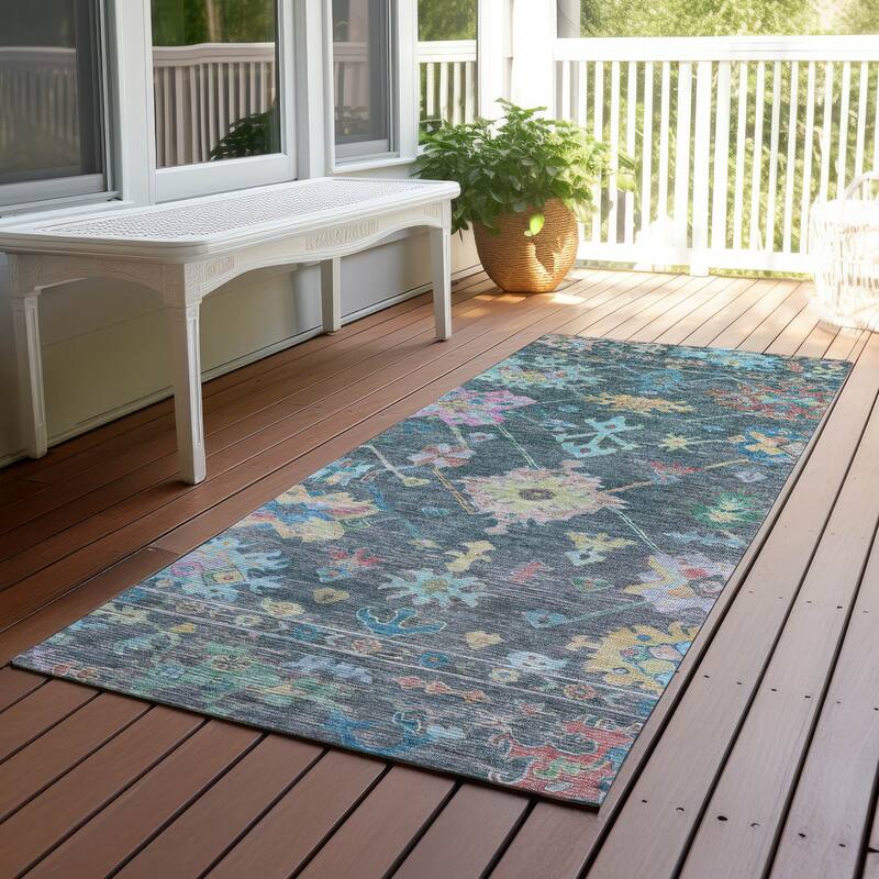Machine Washable Indoor/ Outdoor Boho Traditional Chantille Rug - 2'3" x 7'6" - Teal