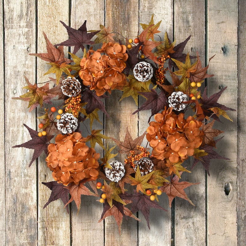 National Tree Company Artificial Autumn Wreath with Hydrangeas, Maple Leaves, Pinecones, Berry Clusters, 24 inches - 24 in