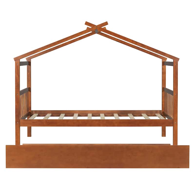 Twin Size Wooden House Bed with Twin Size Trundle, Walnut