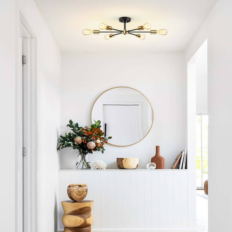 Black/ Gold Sputnik Semi Flush Mount Lamp Close to Ceiling Light Fixture for Living Room/ Kitchen/ Office/ Bedroom/ Foyer