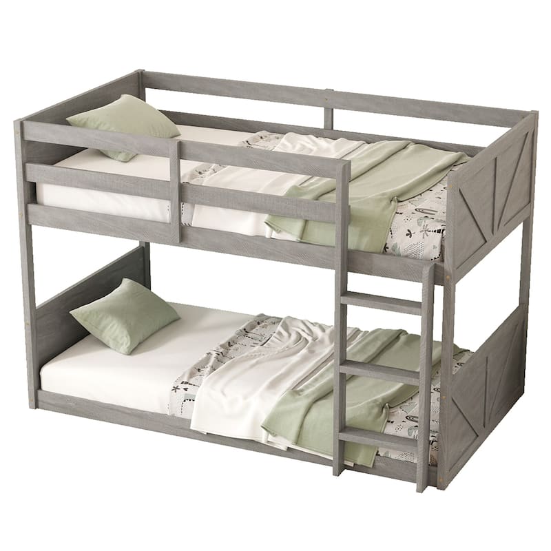 Twin Size Floor Bunk Bed with Safety Guardrails and Built In Ladder