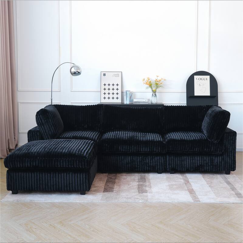 L-shaped Polyester Fabric Couch Modern Sectional Sofa with Ottoman - Black