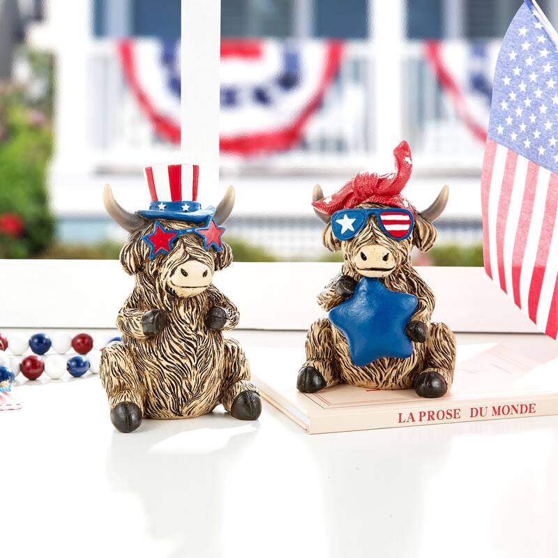 Glitzhome Set of 2 Patriotic July 4th Resin Highland Cows Table Decor