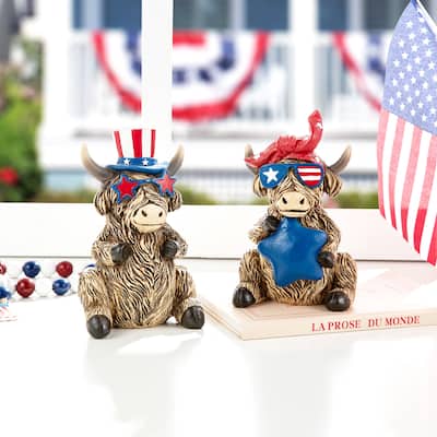 Glitzhome Set of 2 Patriotic July 4th Resin Highland Cows Table Decor