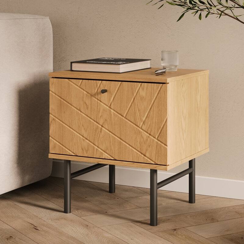 Studio London Amara Side Table - Oak Effect with Drawer and Steel Legs