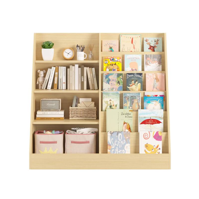 Kids Bookshelf and Toy Storage Organizer, Multifunctional 4 Tier Wooden Kids Book Shelf with Bookcase Display Stand