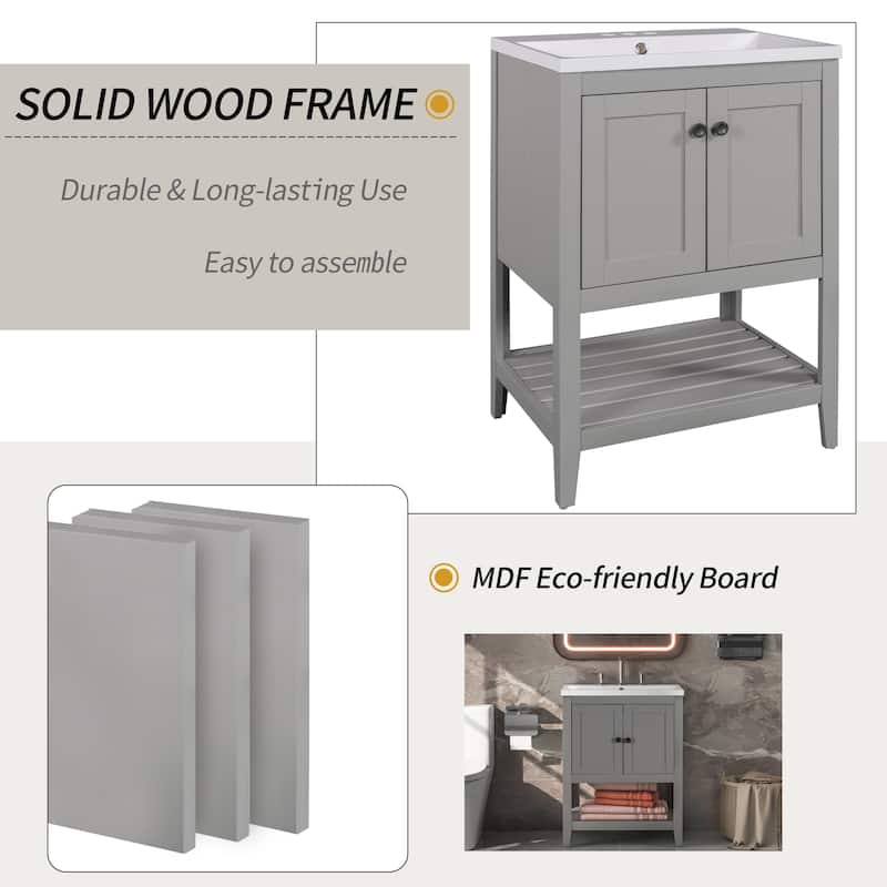 24" Bathroom Vanity with Ceramic Sink, Solid Wood Frame & Open Shelf, Freestanding Modern Cabinet