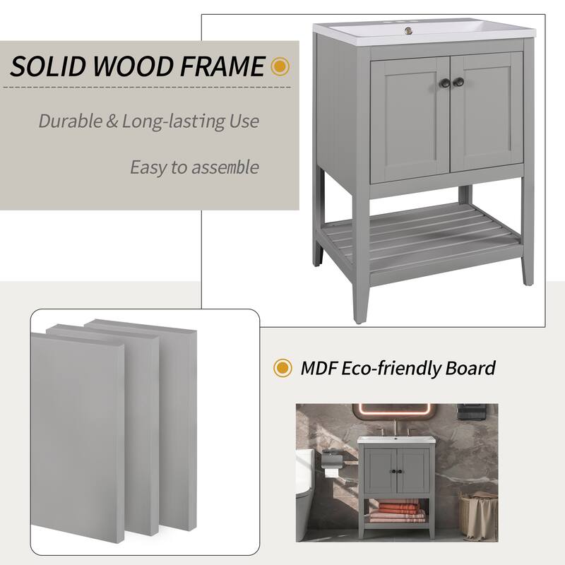 Bathroom Vanity Floor Storage Cabinet with Drop-In Sink and Open Shelf