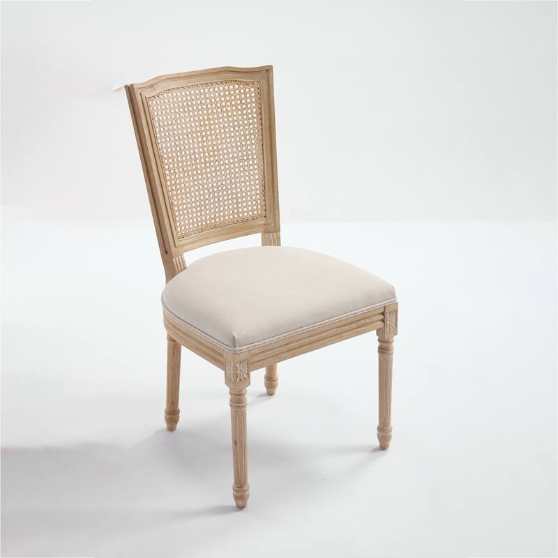 French Dining Chairs Set of 2, Upholstered Chairs with Nature Rattan T-shaped Back, carving techniques ,Disassemblable