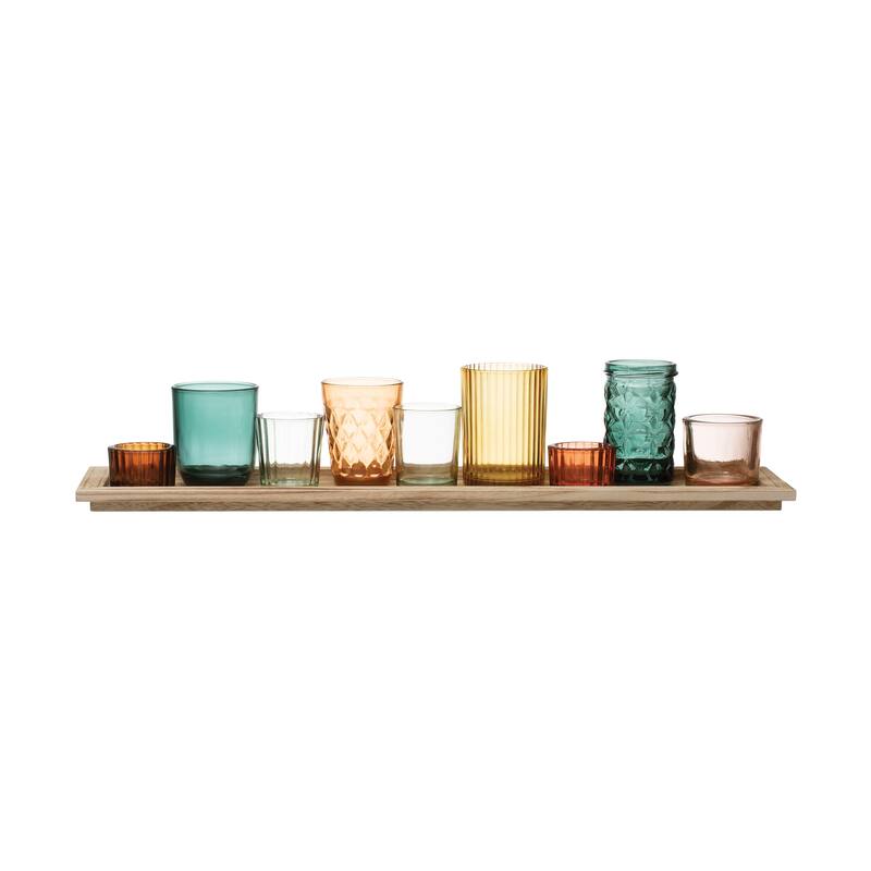 Wood Tray with 9 Blue & Green Glass Votive Holders