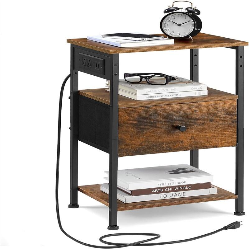 Nightstand with Charging Station Night Stand Side Table with 1 Drawer and 2 Open Shelves - Rustic Brown + Classic Black