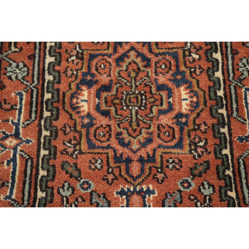 Hand Knotted Oriental 100% Wool Carpet Traditional Geometric Oranges & Rust Heriz (serapi) Runner Rug - 10' 1'' X 2' 7''