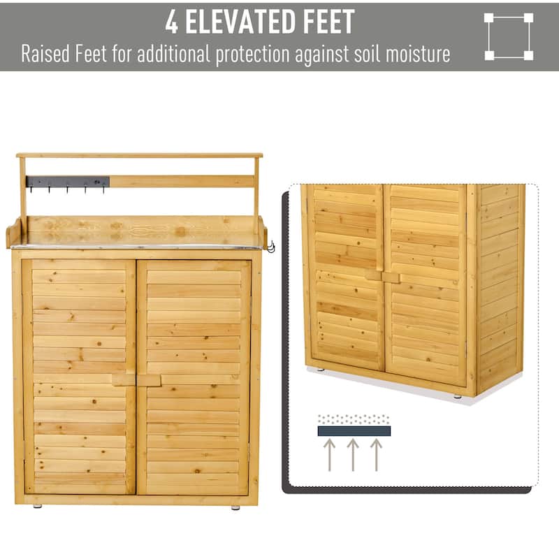 Wooden Garden Potting Bench with Shelves, Hooks, and Magnetic Doors