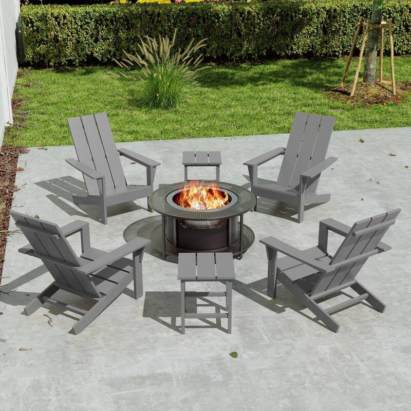 Kullavik 7-piece Adirondack Chair and Smokeless Fire Pit Table Set - GREY
