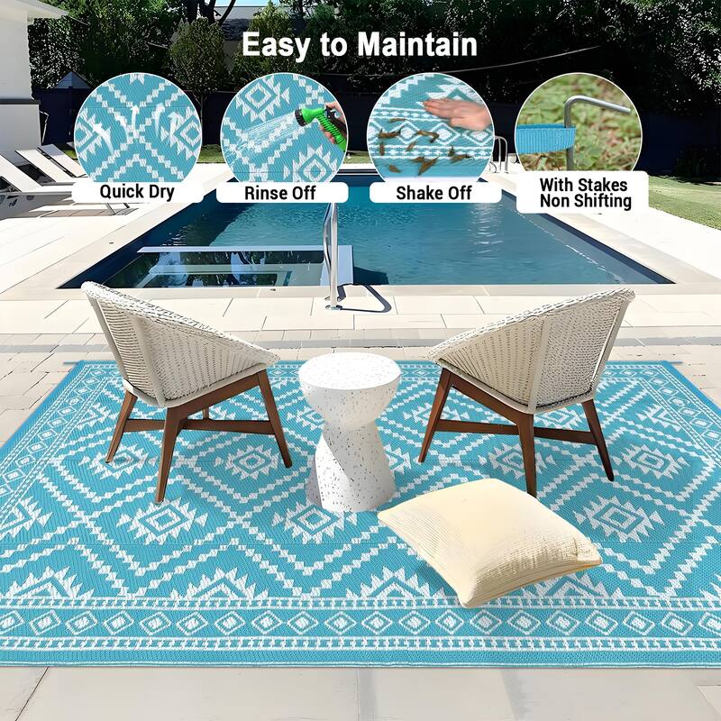 Outdoor Rugs Reversible Geometric Boho Plastic Straw Rug for Patio Camping Beach Deck Picnic Backyard