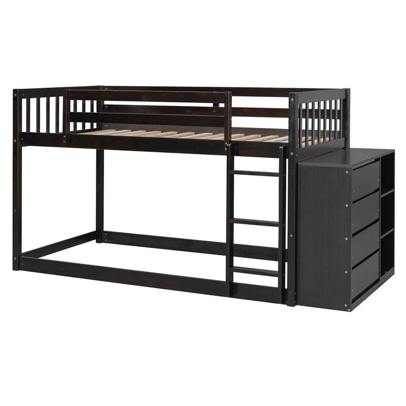 Twin Over Twin Bunk Bed with Storage, 4 Drawers, 3 Shelves, Espresso Finish