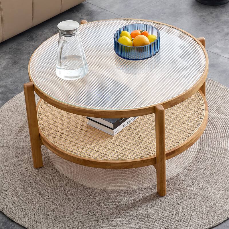 Circular Double-Layer Coffee Table, Glass Coffee Table with Open Rattan Storage Shelf Solid Wood Frame Tea Table