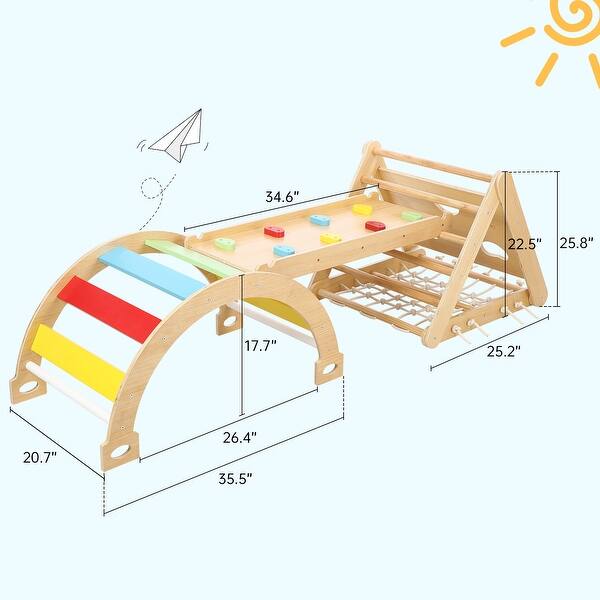 3-in-1 Indoor Climbing Gym - Waldorf and Montessori Climbing Set with Triangle Ladder, Climbing Ramp, Arch Climber, and Slide