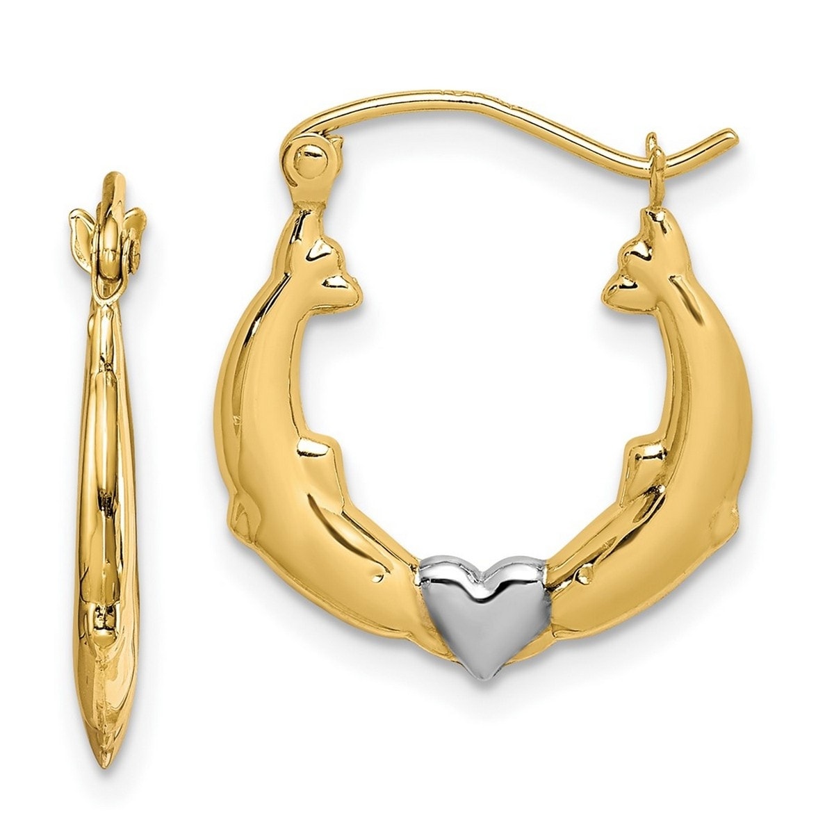 Curata 10k Yellow Gold 19x2mm Dolphin Heart Hoop Earrings